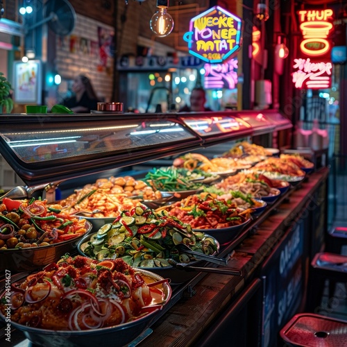 Futuristic street food market, exotic dishes from across the galaxy, neon signs, lively atmosphere