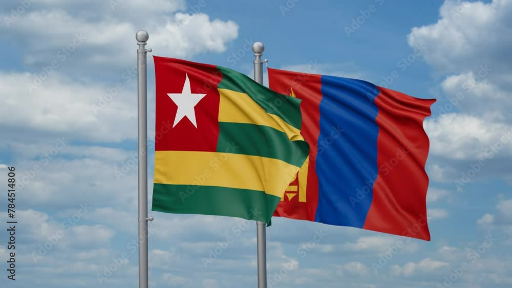 Mongolia and Togo two flags waving together, looped video, two country cooperation concept Mongolia and Togo two flags waving together, looped video, two country cooperation concept