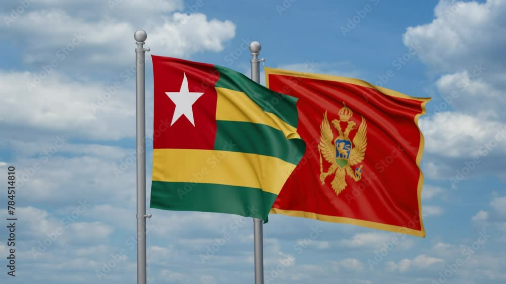 Montenegro and Togo two flags waving together, looped video, two country cooperation concept Montenegro and Togo two flags waving together, looped video, two country cooperation concept