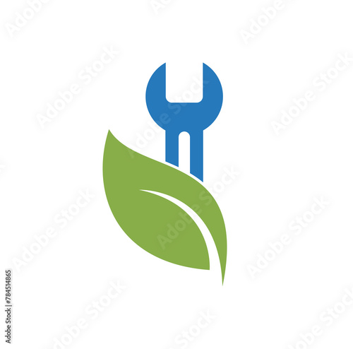 Wrench leaf vector logo design template. Repair service leaf nature logo design.