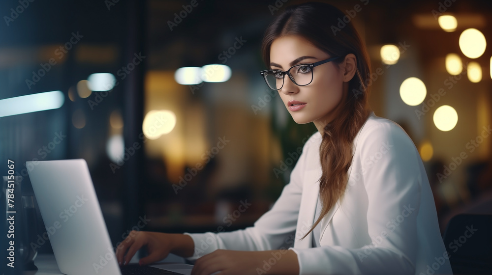 Female entrepreneur concept. Happy woman, an entrepreneur, sat with her laptop, surrounded by a creative workspace, envisioning business success with ample copy space for her ideas to flourish. Female entrepreneur concept. Happy woman, an entrepreneur, sat with her laptop, surrounded by a creative workspace, envisioning business success with ample copy space for her ideas to flourish.