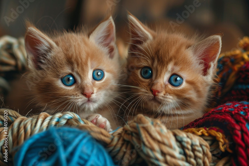 Two kittens playing with a ball of yarn