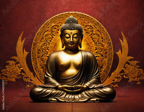 Meditating Golden Buddha Statue , Copper Circular Ornaments and Red-toned Background, Ai Illustration
