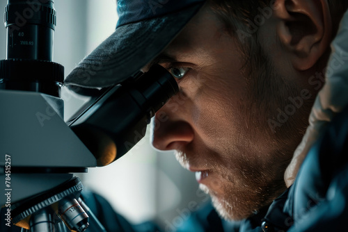 A man is looking through a microscope