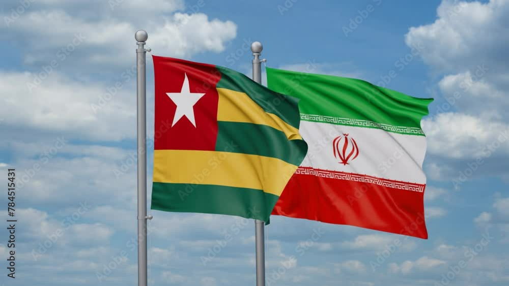 Iran and Togo two flags waving together on blue sky, looped video Iran and Togo two flags waving together on blue sky, looped video