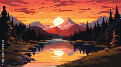 Sunrise or sunset landscape with rocky mountains fo