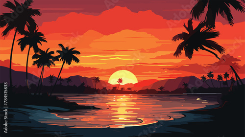 Sunset in Fiji 2d flat cartoon vactor illustration © visual