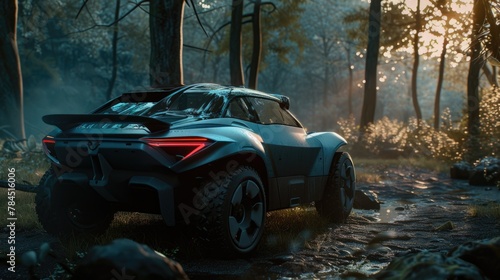 Futuristic off-road vehicle adventure in misty forest photo