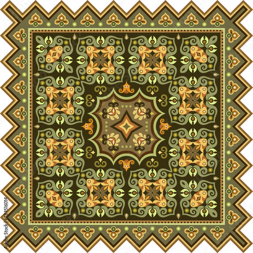 Vector abstract decorative ethnic ornamental illustration. Colorful square carpet