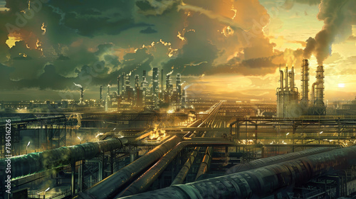 A futuristic cityscape with a lot of smoke and pollution photo
