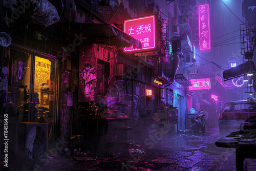 A neon sign with Chinese characters on it hangs above a wet street