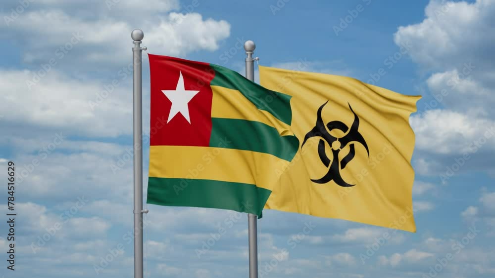Togo and Biological hazard flags waving together on looped video, toxic hazard and pollution warning concept Togo and Biological hazard flags waving together on looped video, toxic hazard and pollution warning concept