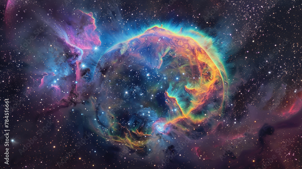 A colorful nebula in space with a bright orange center - obrazy, fototapety, plakaty 