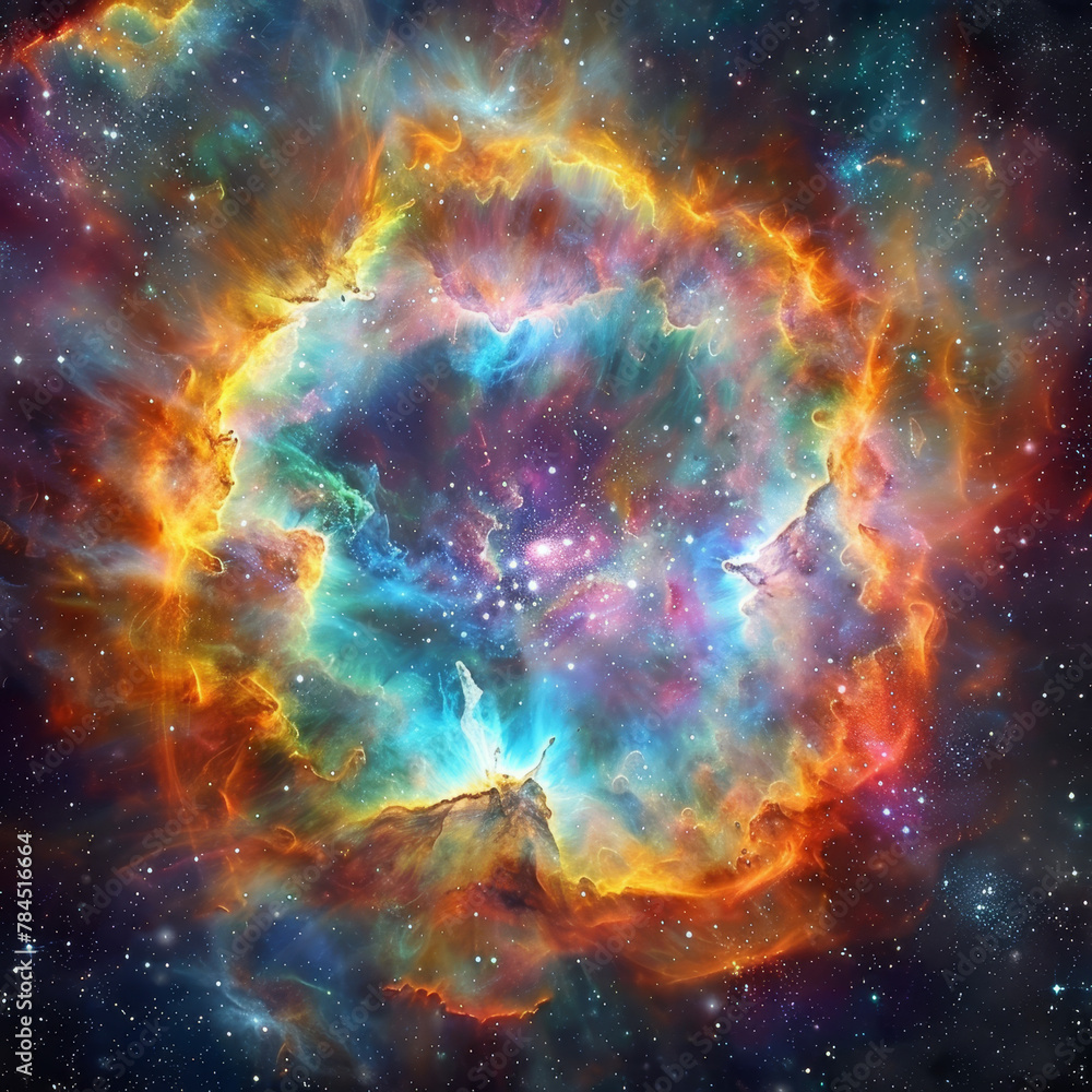A colorful nebula with a bright yellow center