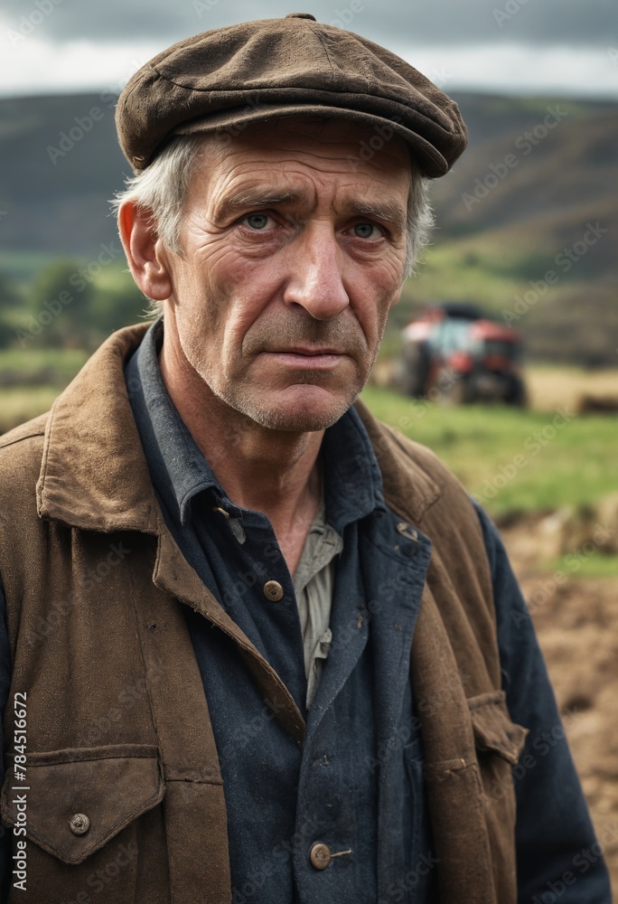 A man in overalls and a flat cap stands in the grassy steppe under a cloudy sky