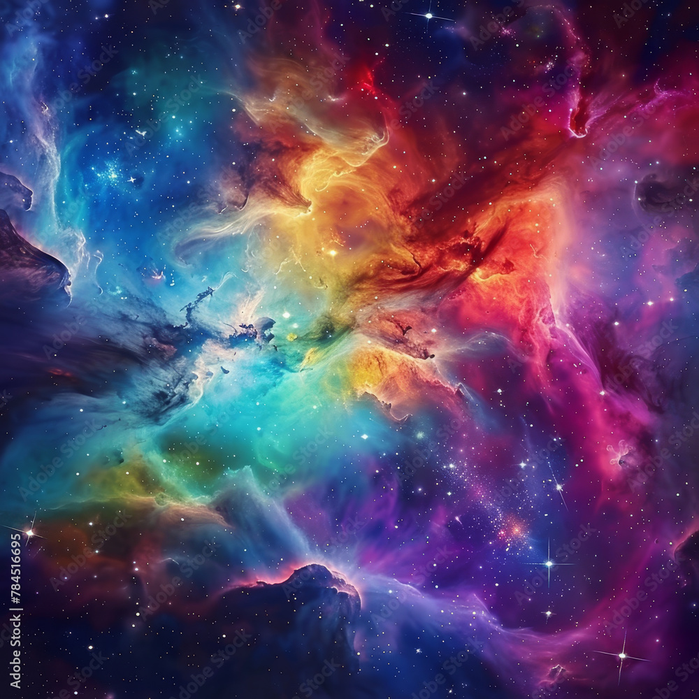 A colorful nebula with a blue flower in the center A colorful nebula with a blue flower in the center