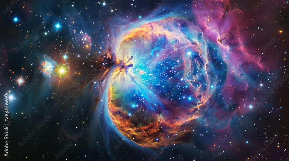 A colorful nebula with a blue flower in the center A colorful nebula with a blue flower in the center