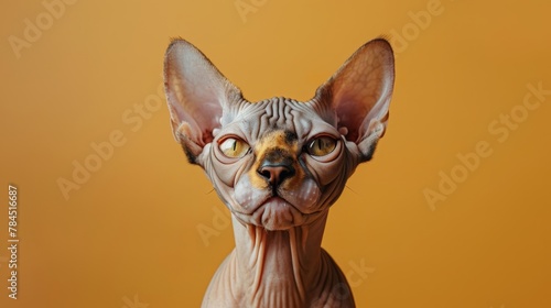 Realistic Sphynx cat on yellow background, hyperrealistic feline portrait, banner