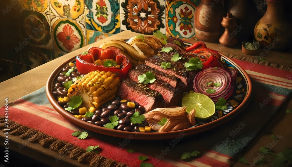 beef and vegetables, Mexican food. Arranged on a Mexican-style ceramic plate, with a background featuring a kitchen decorated with handmade colorful ceramic tiles.