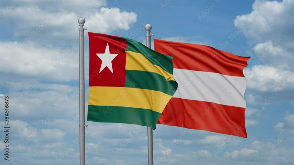 Austria and Togo two flags waving together, looped video, two country relations concept Austria and Togo two flags waving together, looped video, two country relations concept