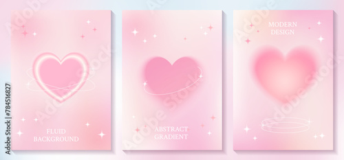 Set of abstract fluid pastel pink background with gradient blurry heart and star, trendy minimal template with brutalism geometric shapes for card, banner, poster, cover design.