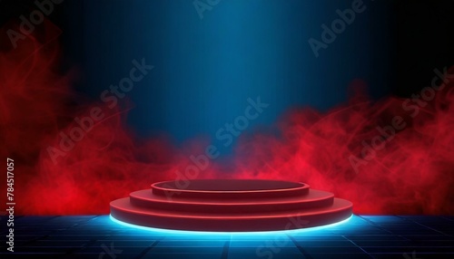 Radiant Reverie: Neon Blue Podium with Realistic Red Smoke photo