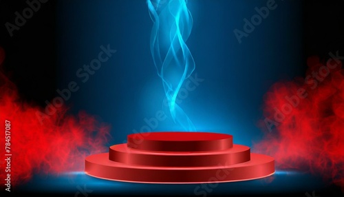 Astral Ambiance: Abstract 3D Podium with Neon Blue Platform and Red Smoke