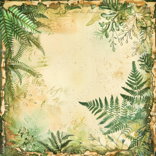 A beautiful vintage-style background with a soft green faded center and a border of ferns and other greenery.