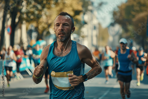 A man runs a marathon with other runners