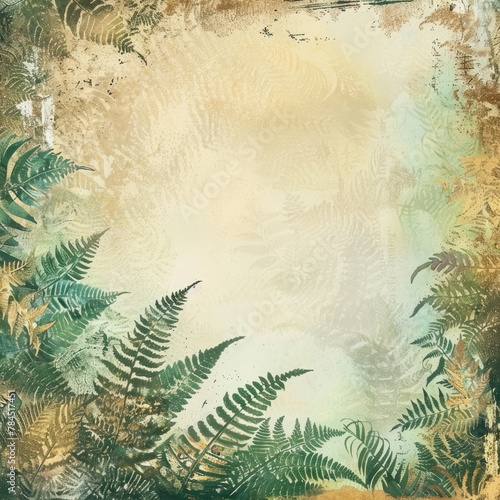 A green and gold fern frond background with a vintage grunge texture.