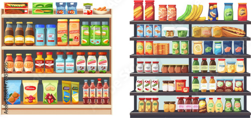Grocery store shelf with assortment, pasta, diary, flour, fruits and drinks