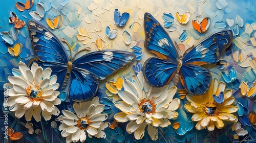 Textured Painting of Blue Butterflies on Daisies