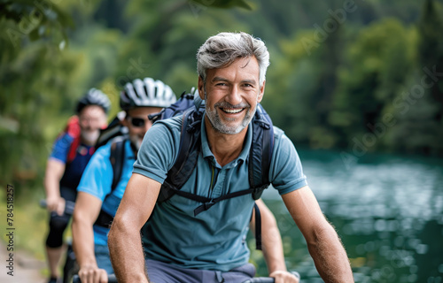 smiling senior man with his son on bicycles at the lake, wearing sports gear and backpacks © Kien