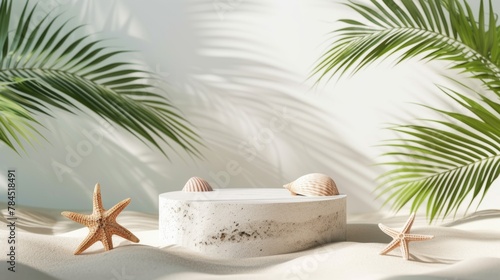 Empty stone platform podium with palm leaves sea shells and starfish on white beach sand background. Minimal creative composition background for cosmetics or products presentation. Front view copy spa