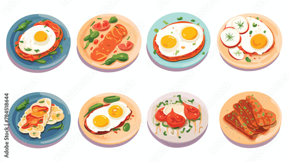 Tasty dishes with eggs set fresh nutritious breakfa