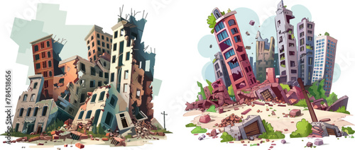 Cartoon city with ruined buildings after earthquake, disaster or war