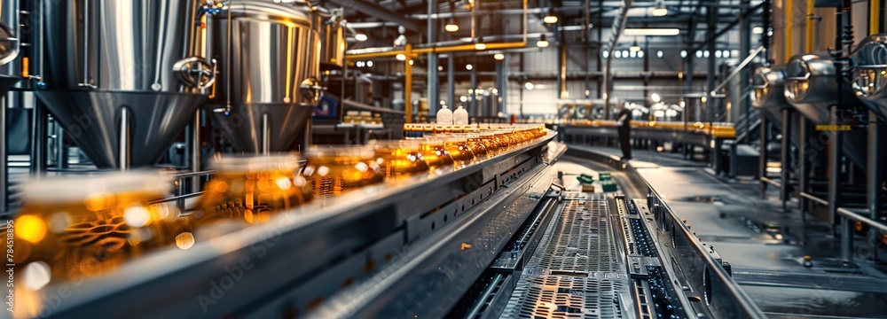 Streamlined production process with robotic technology at a modern factory producing glass beer bottles