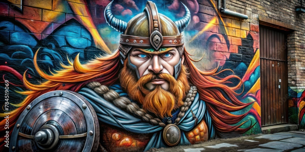 Beautiful realistic street art of Viking warriors on walls in European culture.