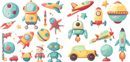 Fun child belongings for baby shower set. Illustration bear and train, pyramid and robot