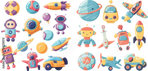 Cartoon kids toy for boys and girls ball, car, doll, robot, rocket and airplane