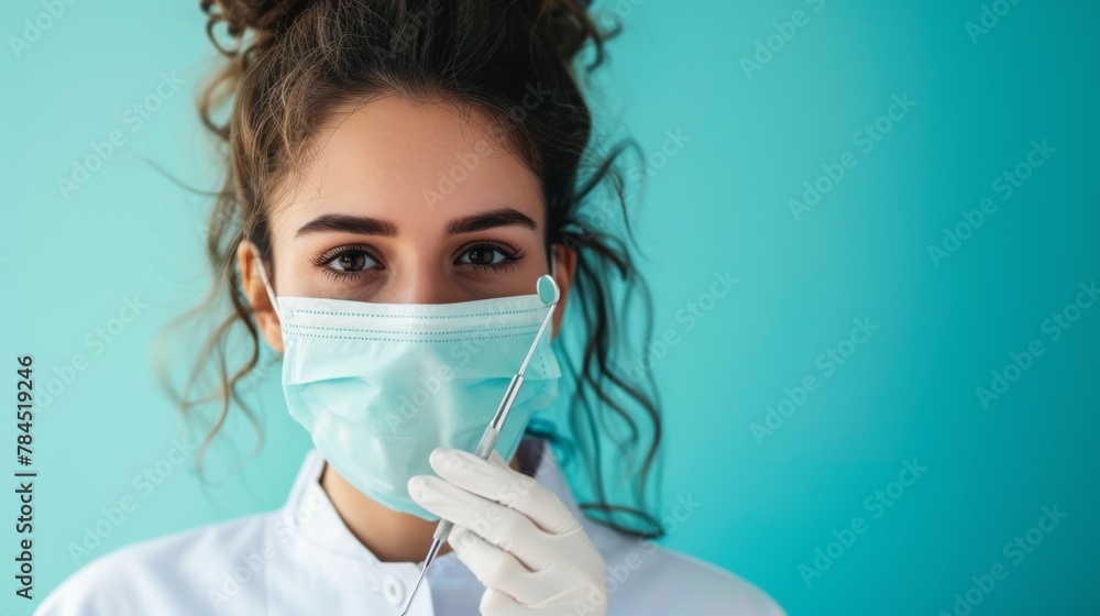 Female dentist with tools on blue background Female dentist with tools on blue background