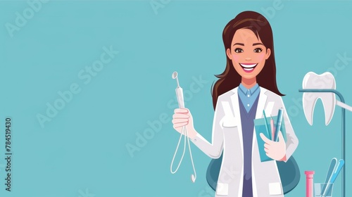 Female dentist with tools on blue background