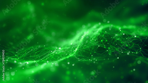 Green abstract background with a connected network grid and particles