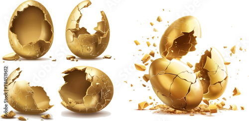 Realistic broken and exploded easter golden chicken eggs