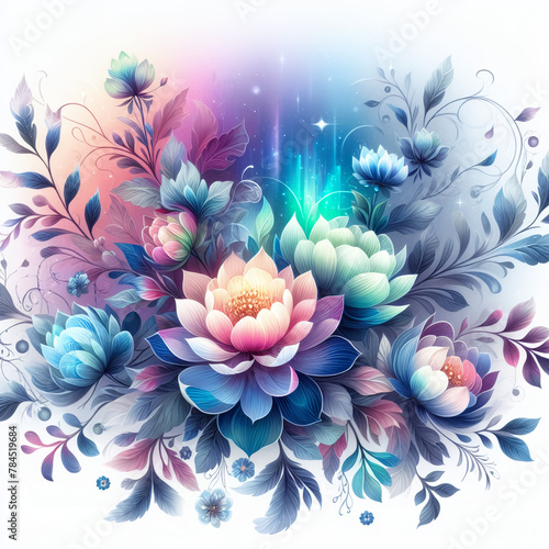 흰 배경, 오로라 색상의 꽃 (a white background, aurora-colored flower)