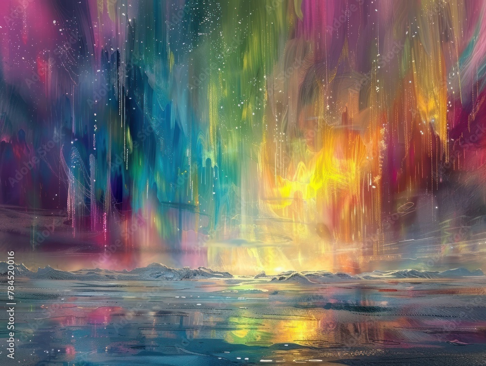 Colorful abstract painting of the aurora borealis over a frozen lake.
