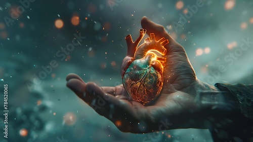 Human heart, man holds his hand on his heart photo