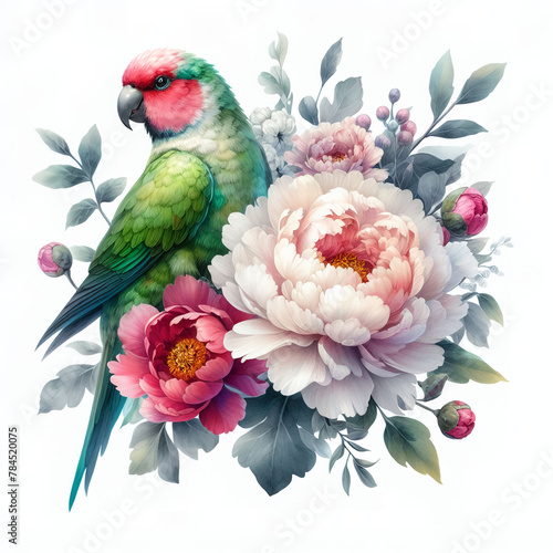                              White background  flowers and parrots 