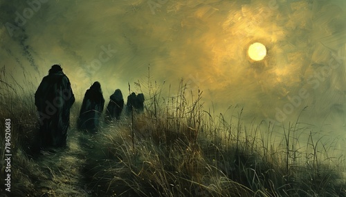 a group of people walking through tall grass with the sun in the background
