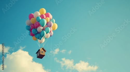Hot air balloon House with balloons bunch flying in the sky. Real estate purchasing, moving house and housewarming concept